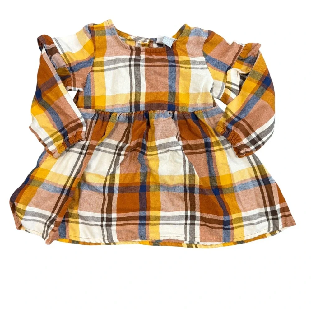 Childrens Place Plaid Dress Girls 9-12M Orange Yellow Cotton Ruffle Fall Harvest